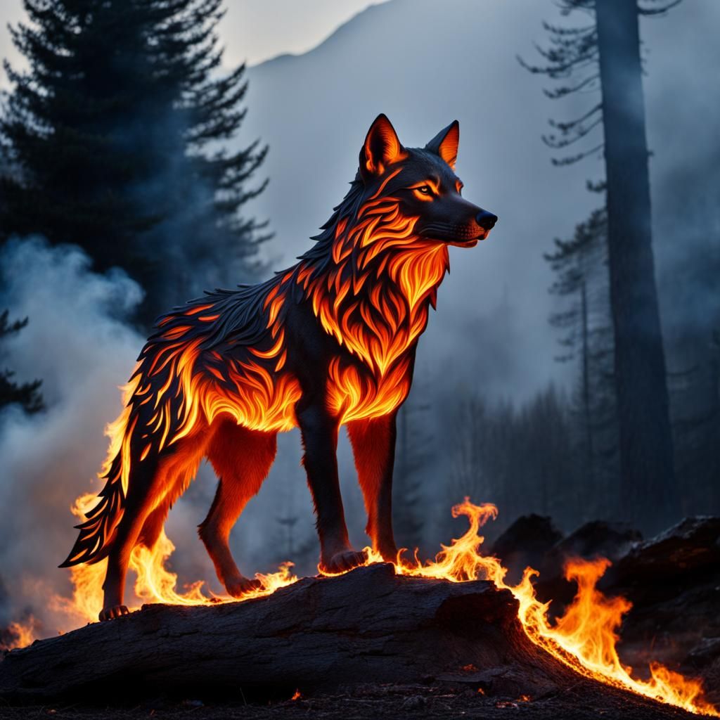 Fiery Wolf Silhouette: An Image of Fire Art