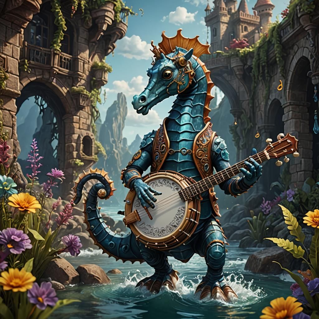 Fantastical Seahorse Plays Banjo: Detailed Matte Painting