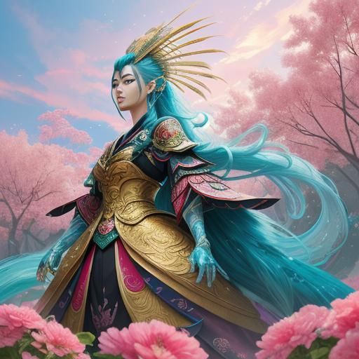 Anime Dragon Peacock Woman in Vibrant Flower Field