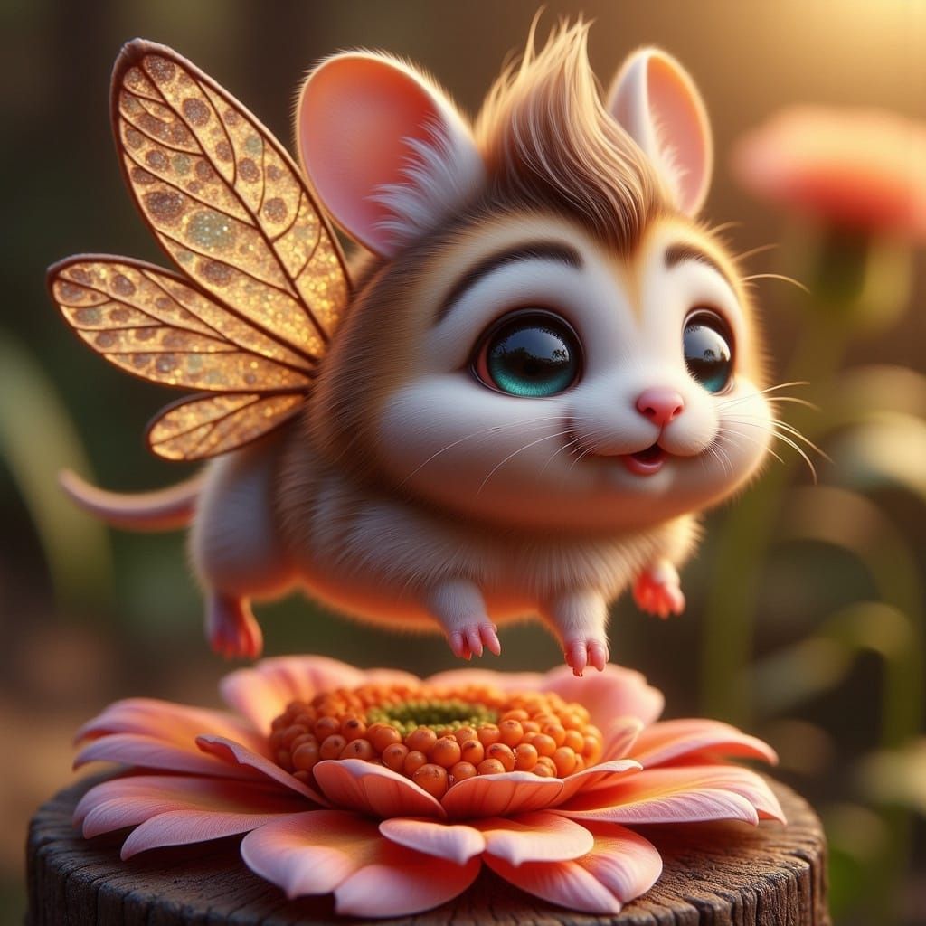 Whimsical Fairy-Hamster Soars Over Enchanted Garden