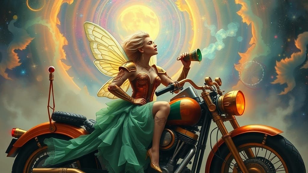 Steampunk Fairy on Harley in Surrealist Dreamscape