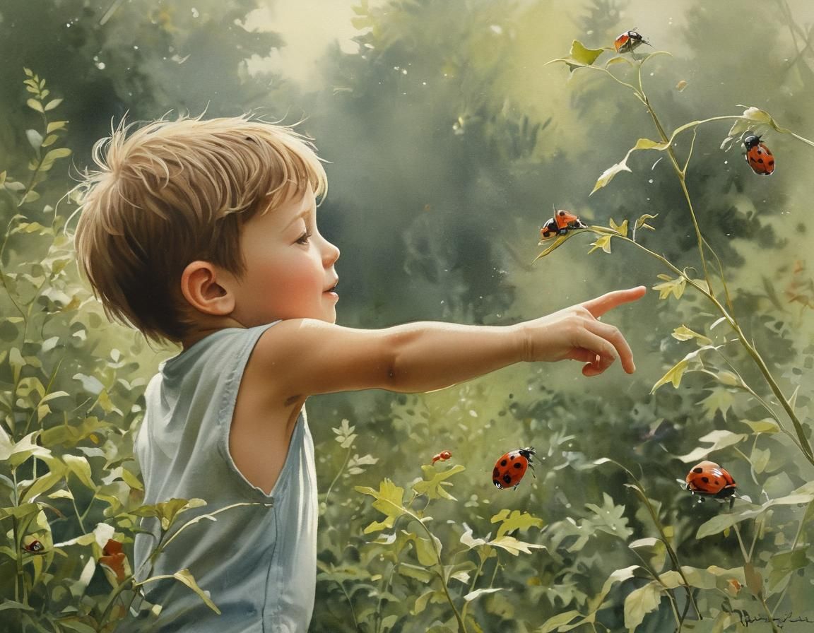 Boy and Ladybug in Whimsical Watercolor Style