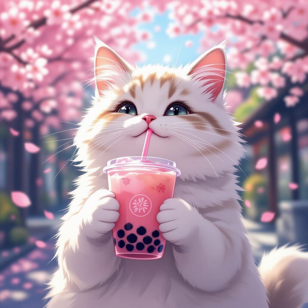 Fluffy White Cat Enjoys Pink Bubble Tea Amidst Cherry Blosso...