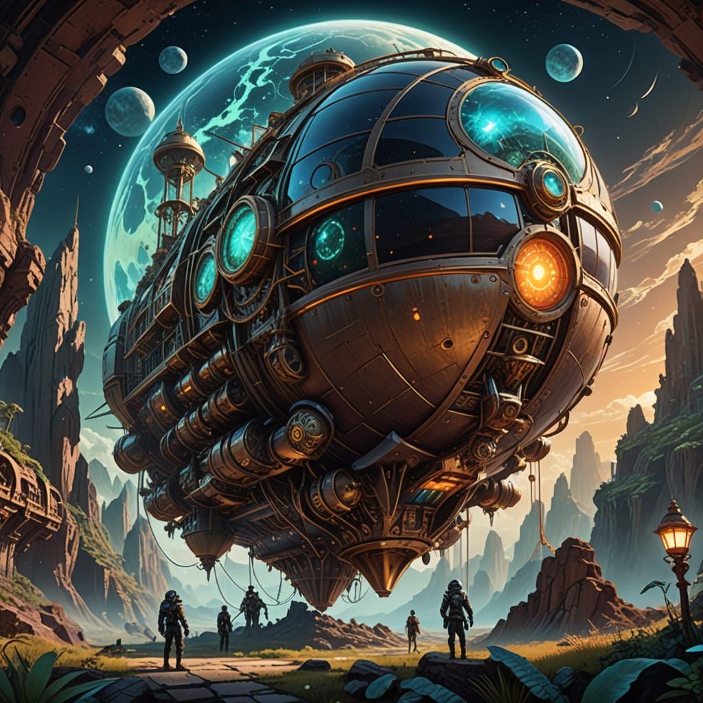 Steampunk Airship Soars Through Alien Canyon Under Twin Moon...