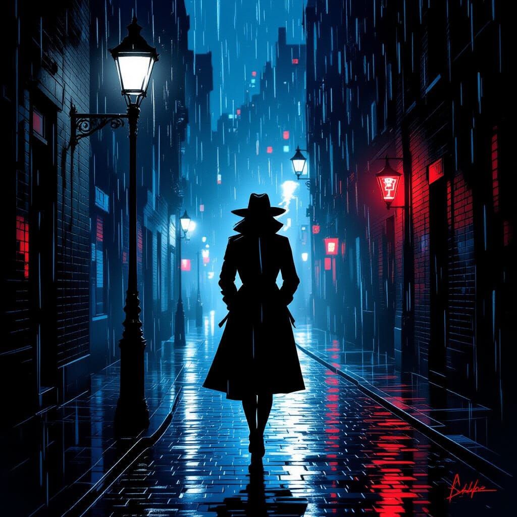 Noir Detective in Rainy City Alley at Night