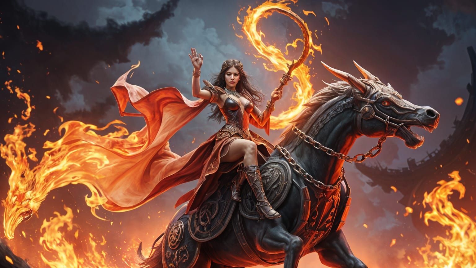 Ethereal Ghost Rider: Asian Woman on Horse in Flaming Form