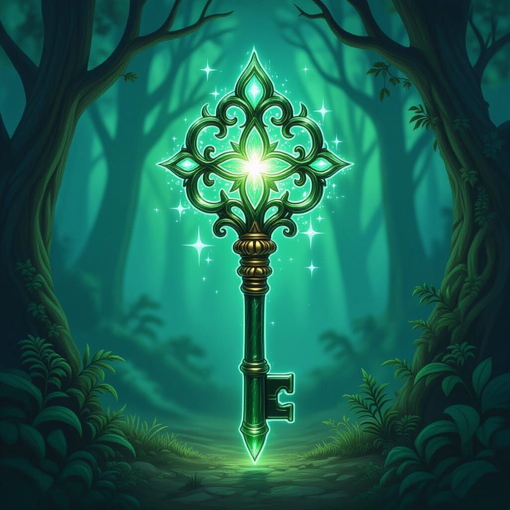 Intricate magical key with a glassy green design glowing in forest style