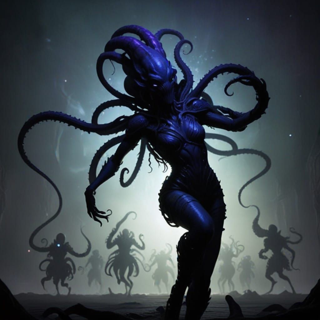 Alien Burlesque Dancers on Stage, Backlit in Vibrant Colors