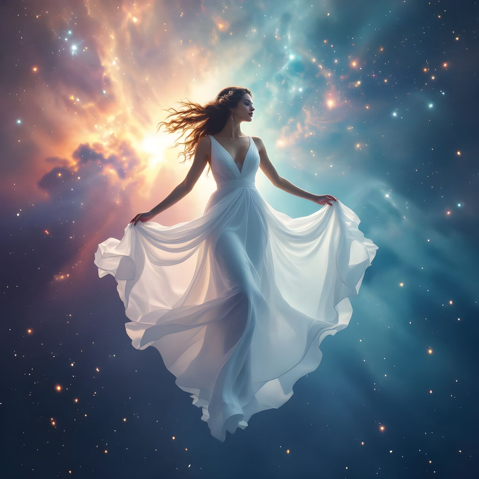 Celestial Goddess Floating in Cosmic Nebula