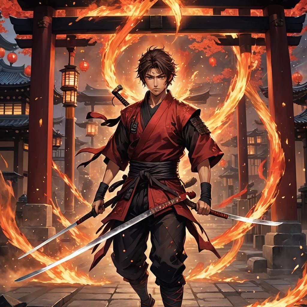 Teen Ninja Master of Fire in Neon-Noir Style