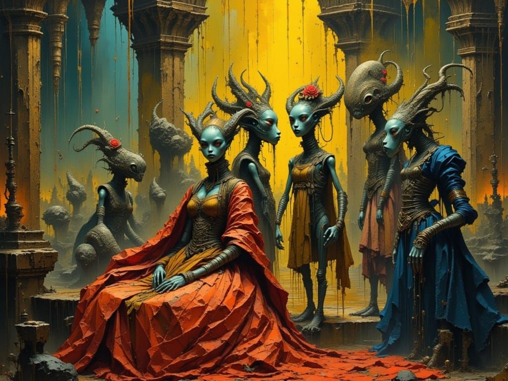 Aliens in Renaissance Style With Ornate Attire