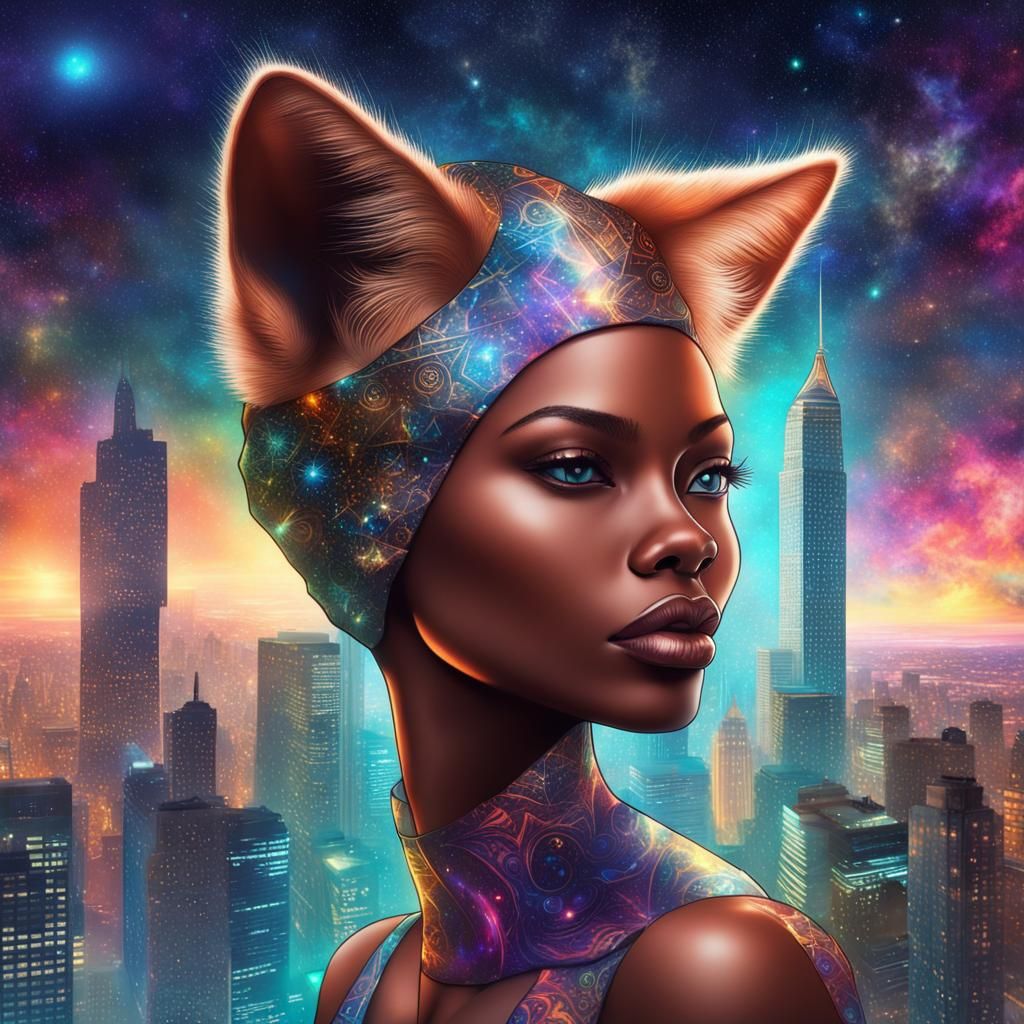 Cosmic Catwoman in Cityscape, Holographic Illustration