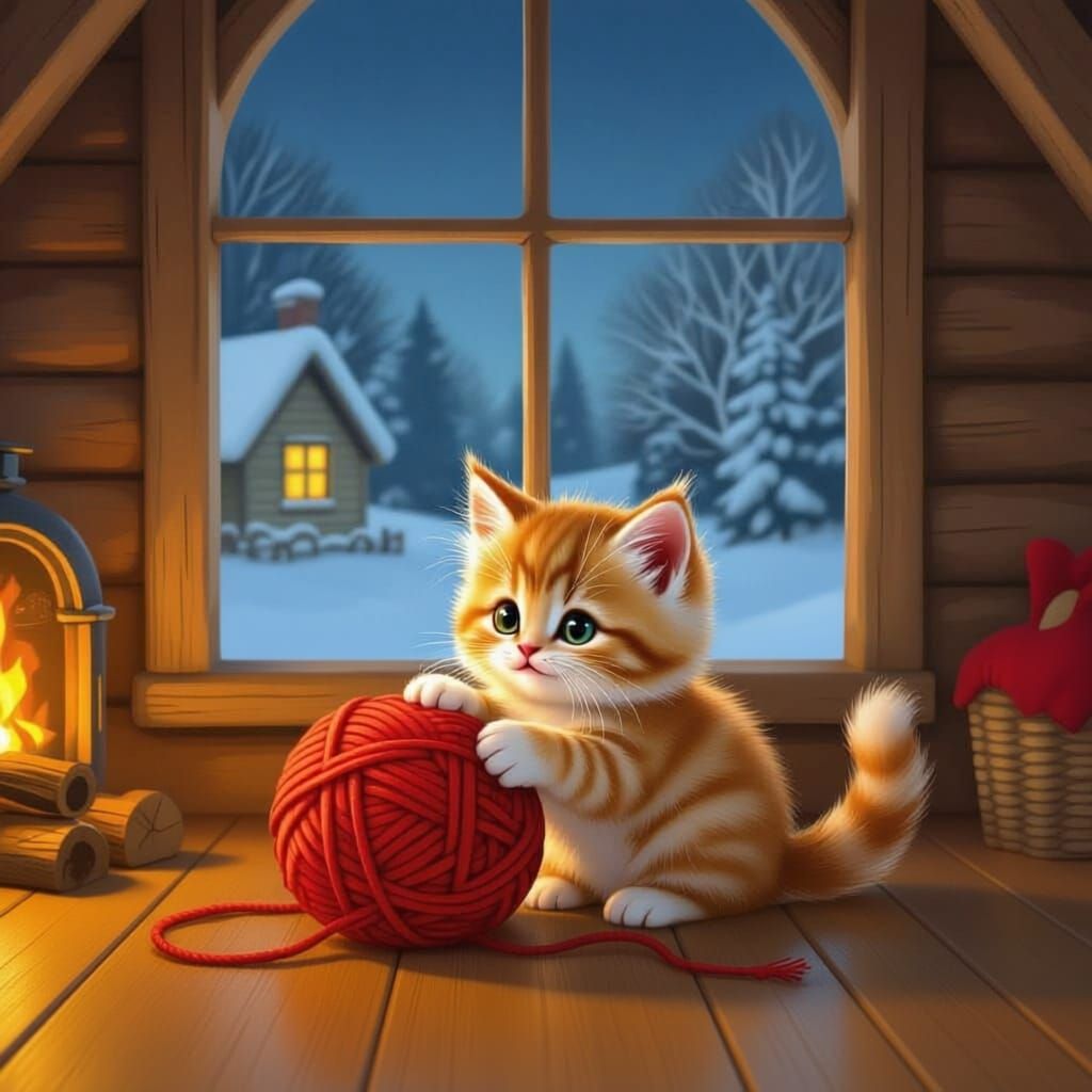 Cute Cat Plays with Yarn in Cozy Winter Home