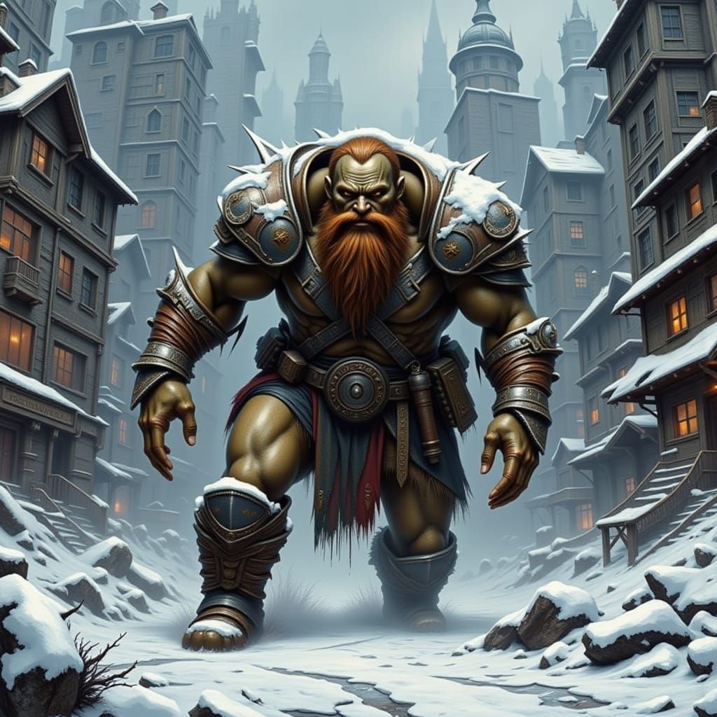 Giant Attacks Dystopian City in Winter: Impasto Painting