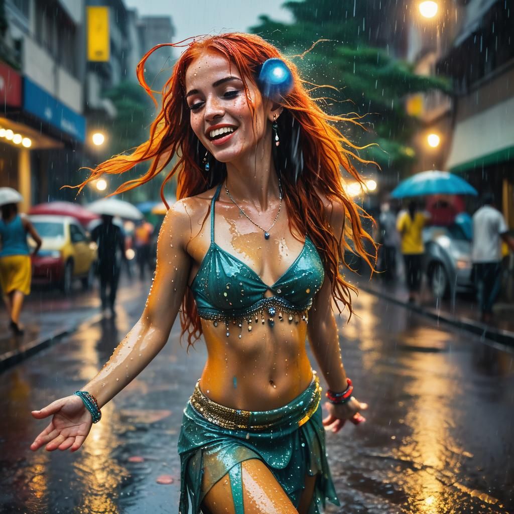Rainy Day Belly Dance in Impressionist Cityscape