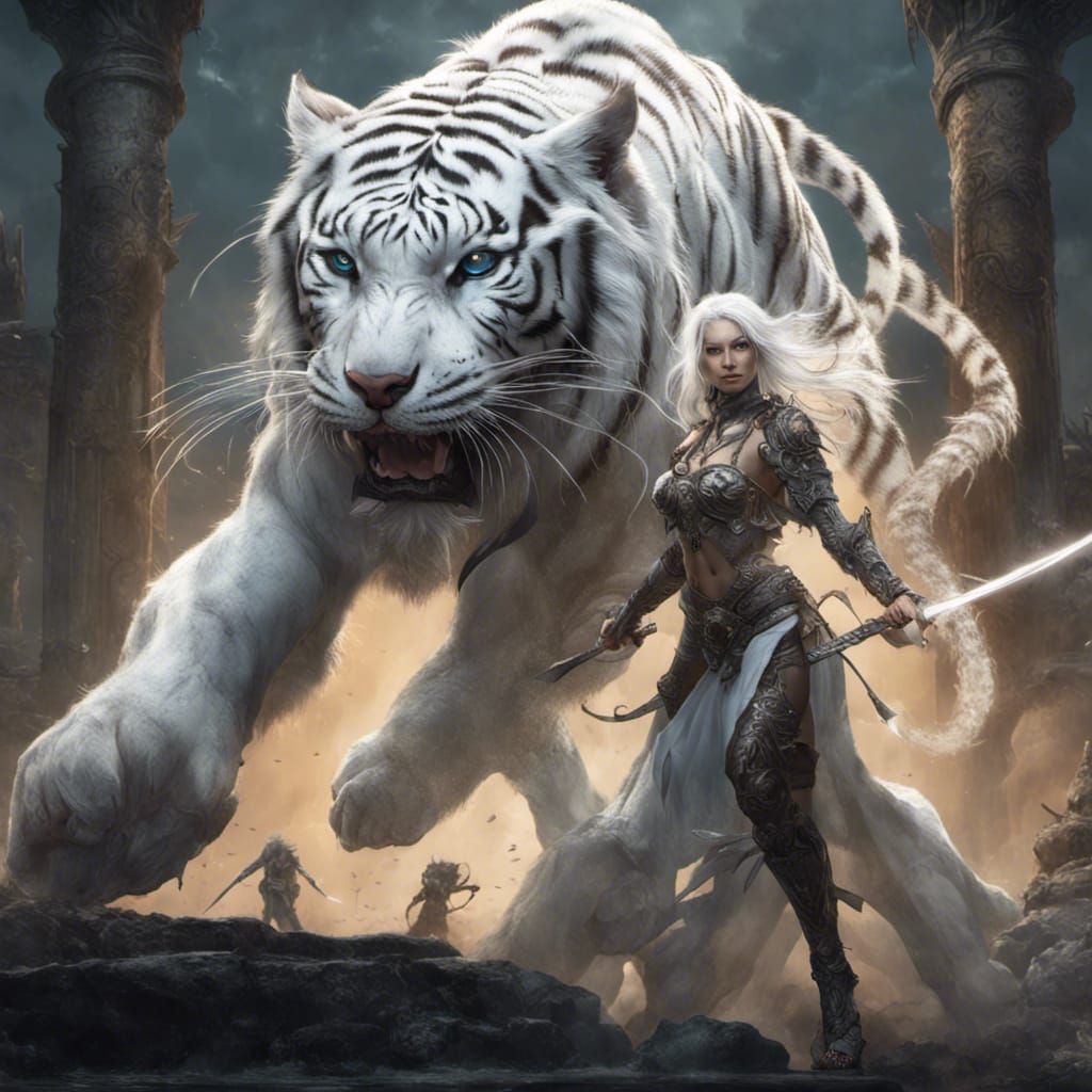 White Tiger and Female Warrior in Dark Fantasy Art