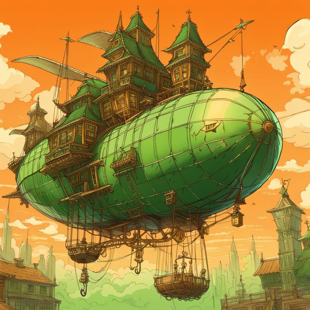Vintage Green Airship in Anime Style