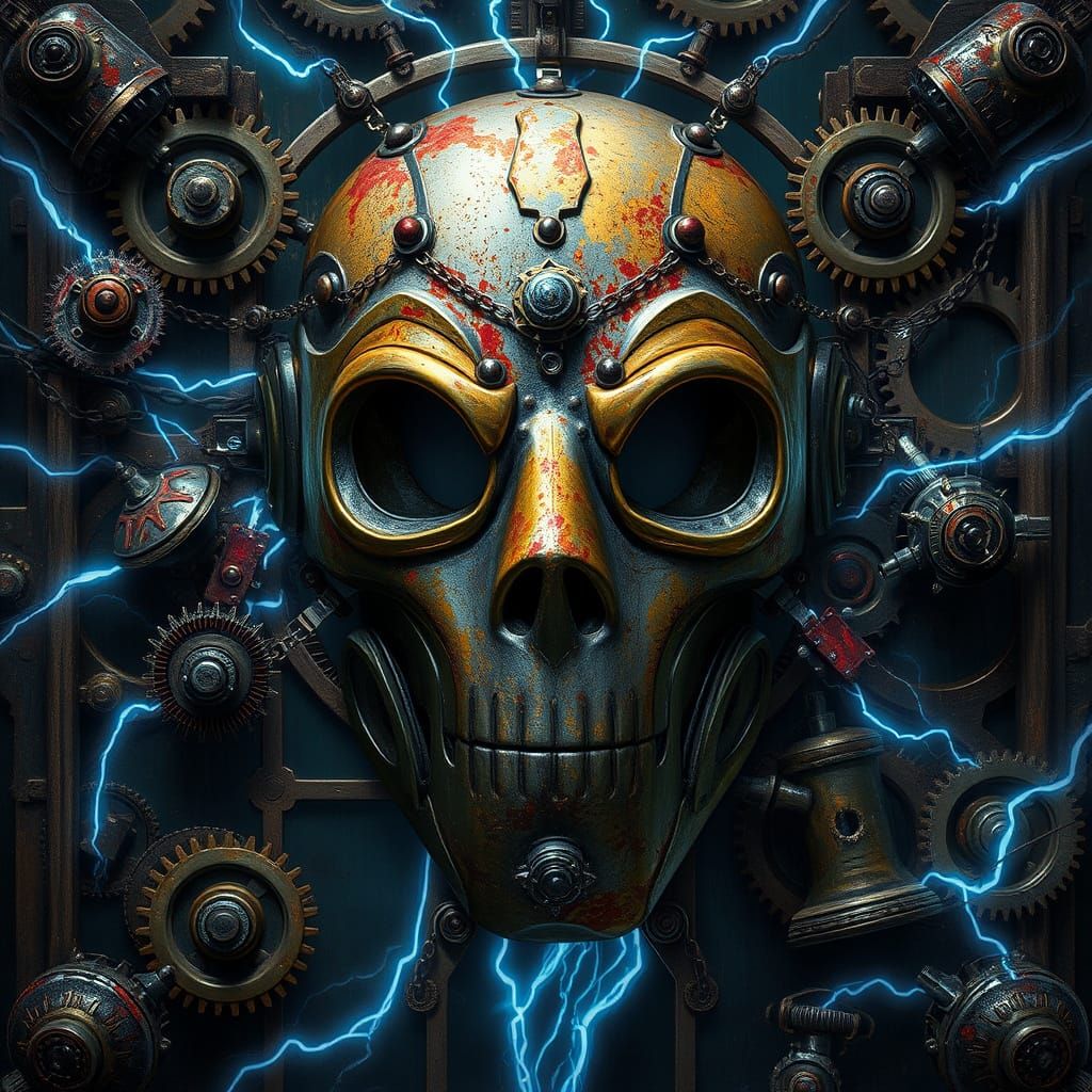Grimdark Iron Mask in Gold and Rust with Gears and Fibre Opt...