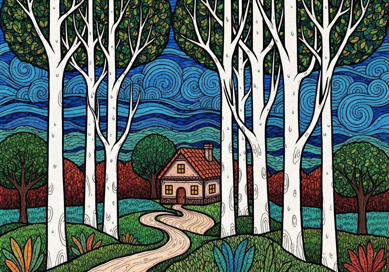 Colorful Folk Art House Among White Trees