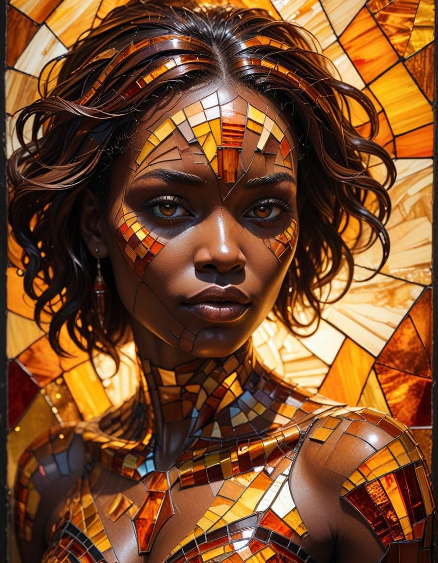 Hyperrealistic African Woman Sculpture in Amber Glass