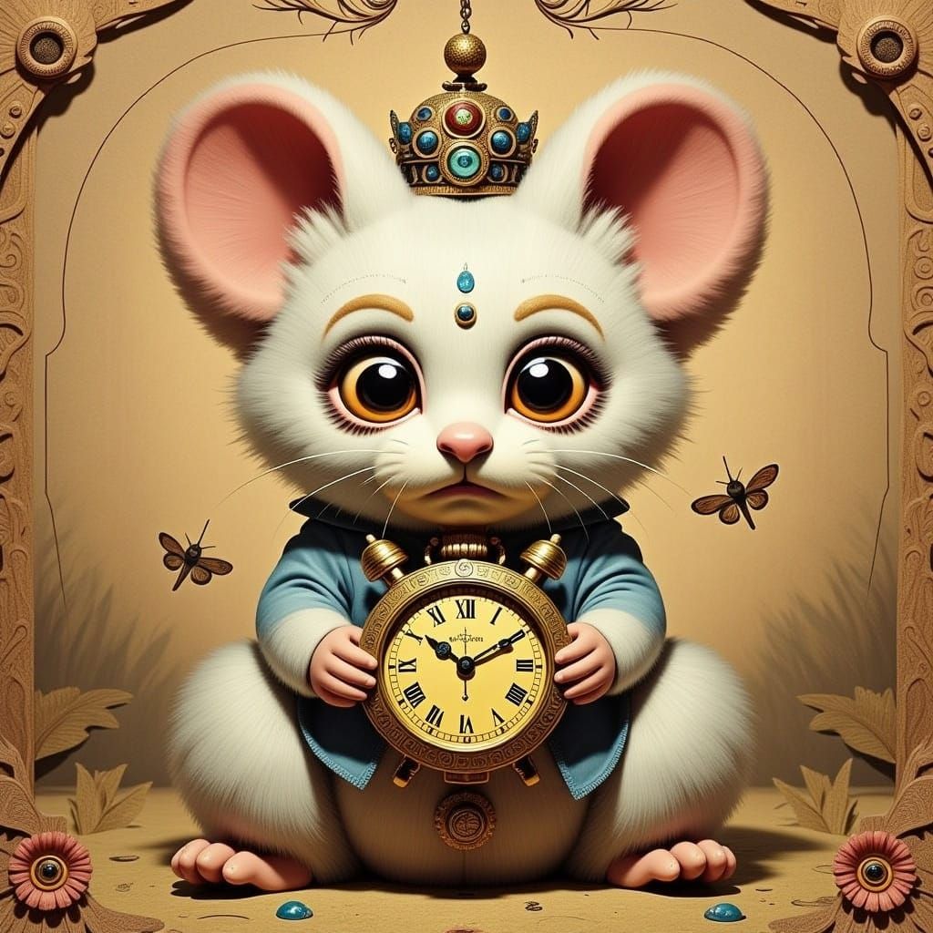 Whimsical Creature Holds Golden Clock in Storybook Style