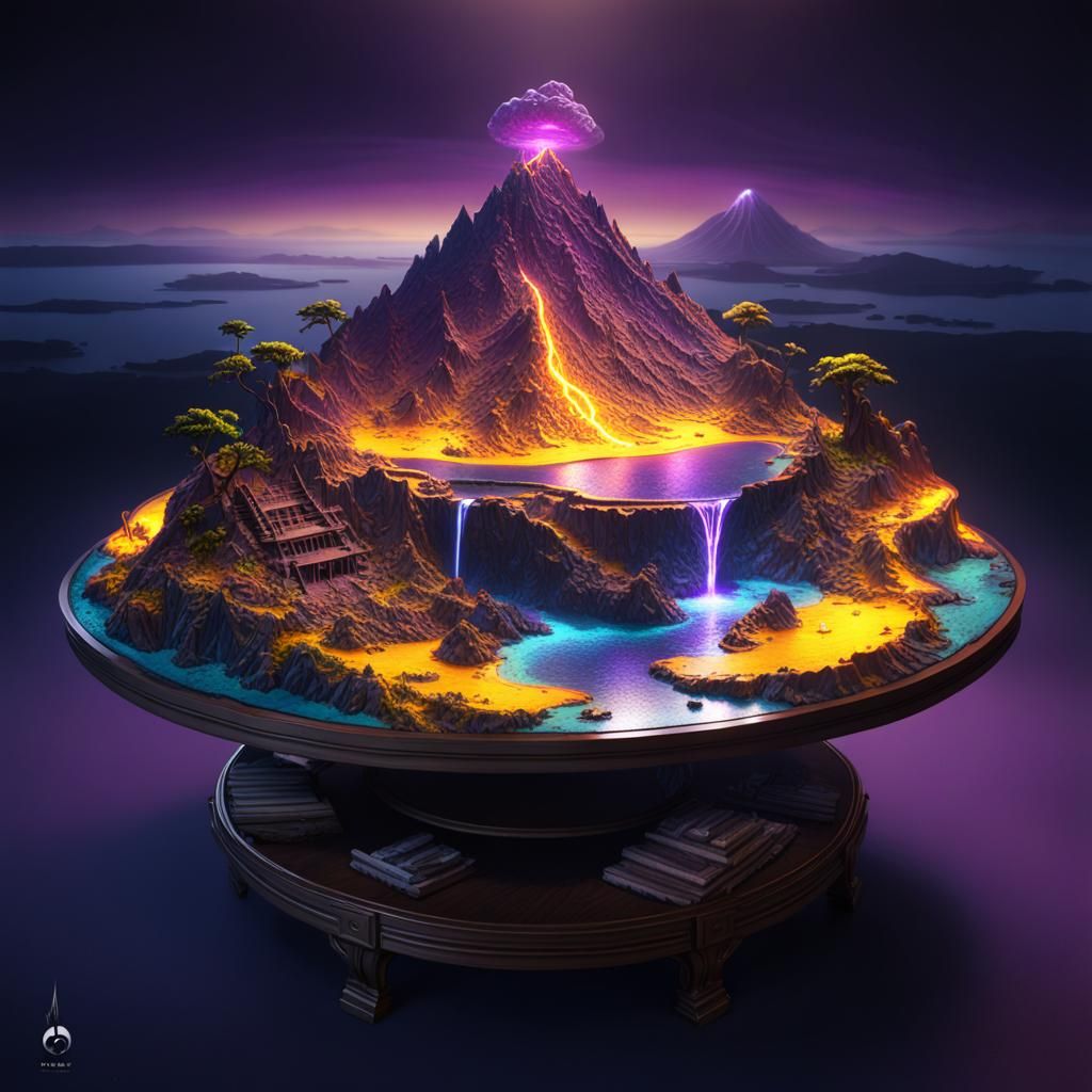 Miniature Island with Volcano: Dark Fantasy Art