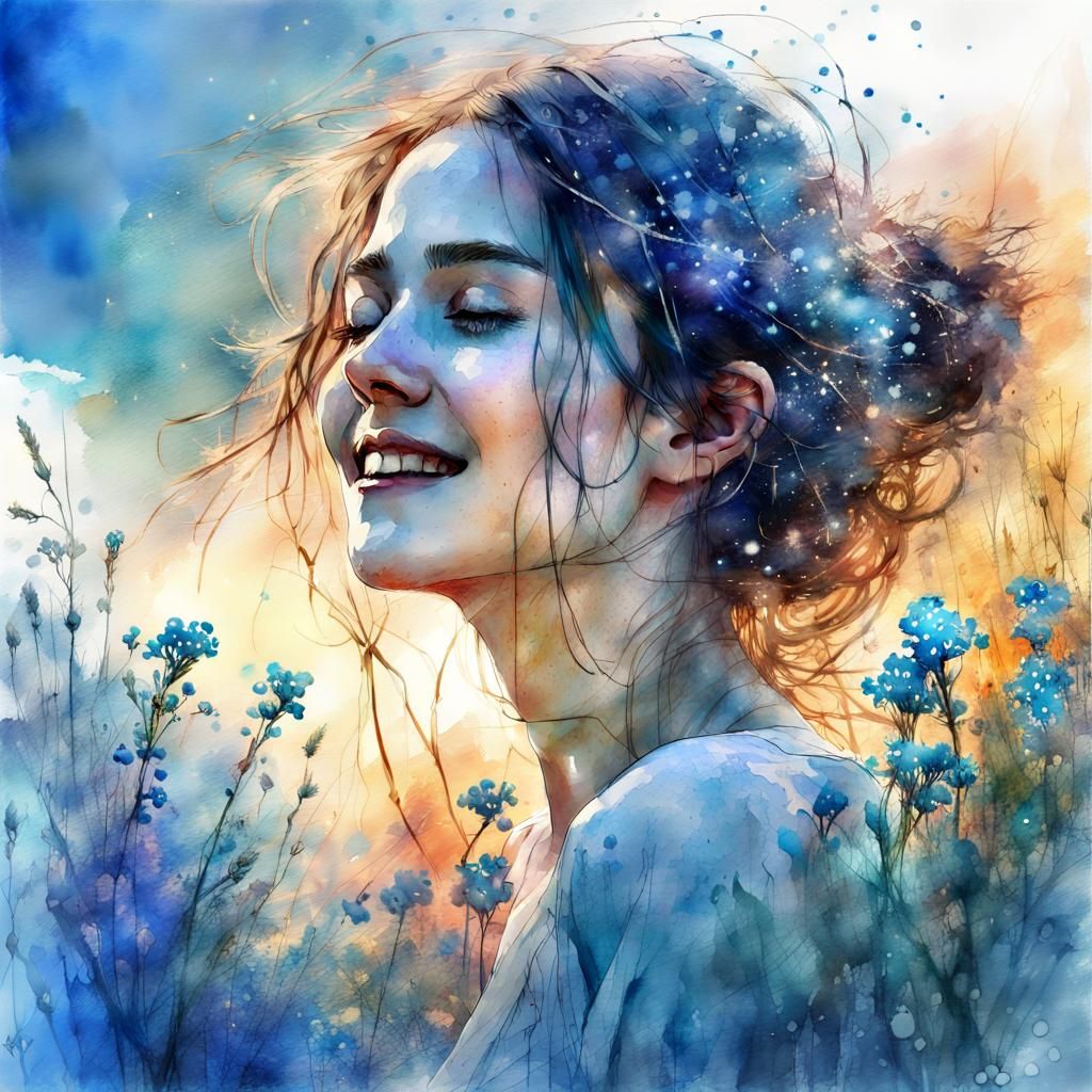 Woman in Myosotis Field: Watercolor Art