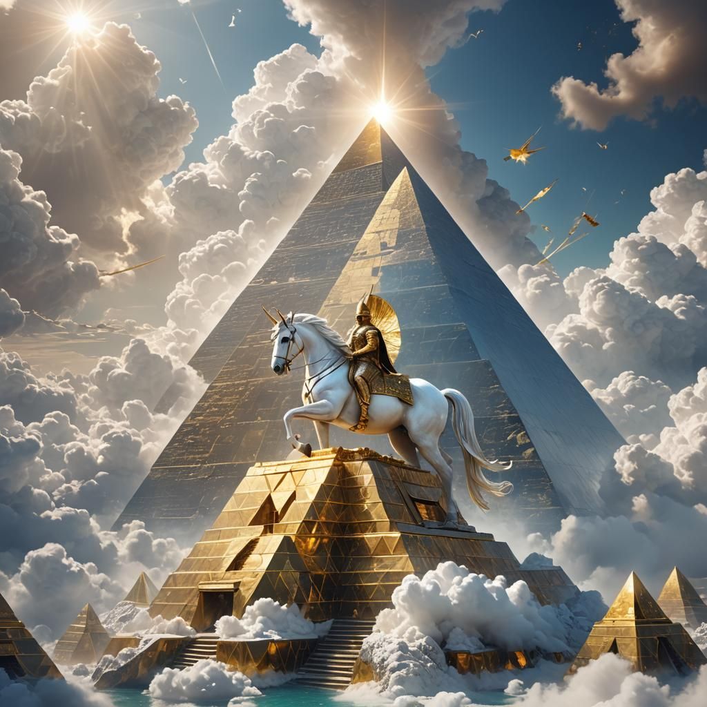 Unicorn Under Glass Pyramid on Cloud in Fantasy Art
