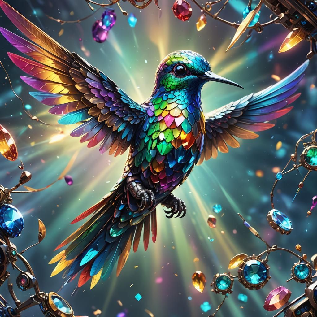 Mechanical Hummingbird with Rainbow Gemstone Feathers