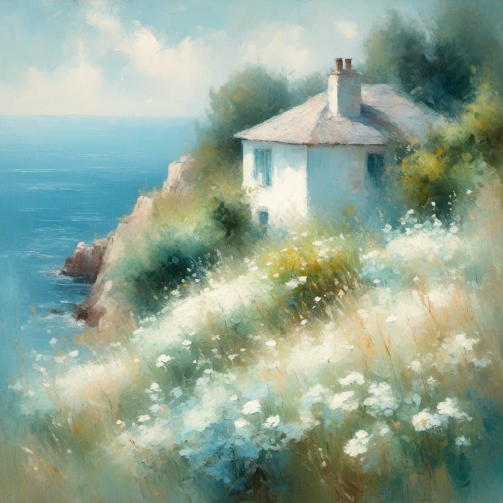 White House on Cliff in Soft Impressionism