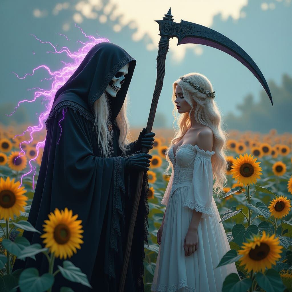 Grim Reaper and Woman Beside Aging Sunflowers