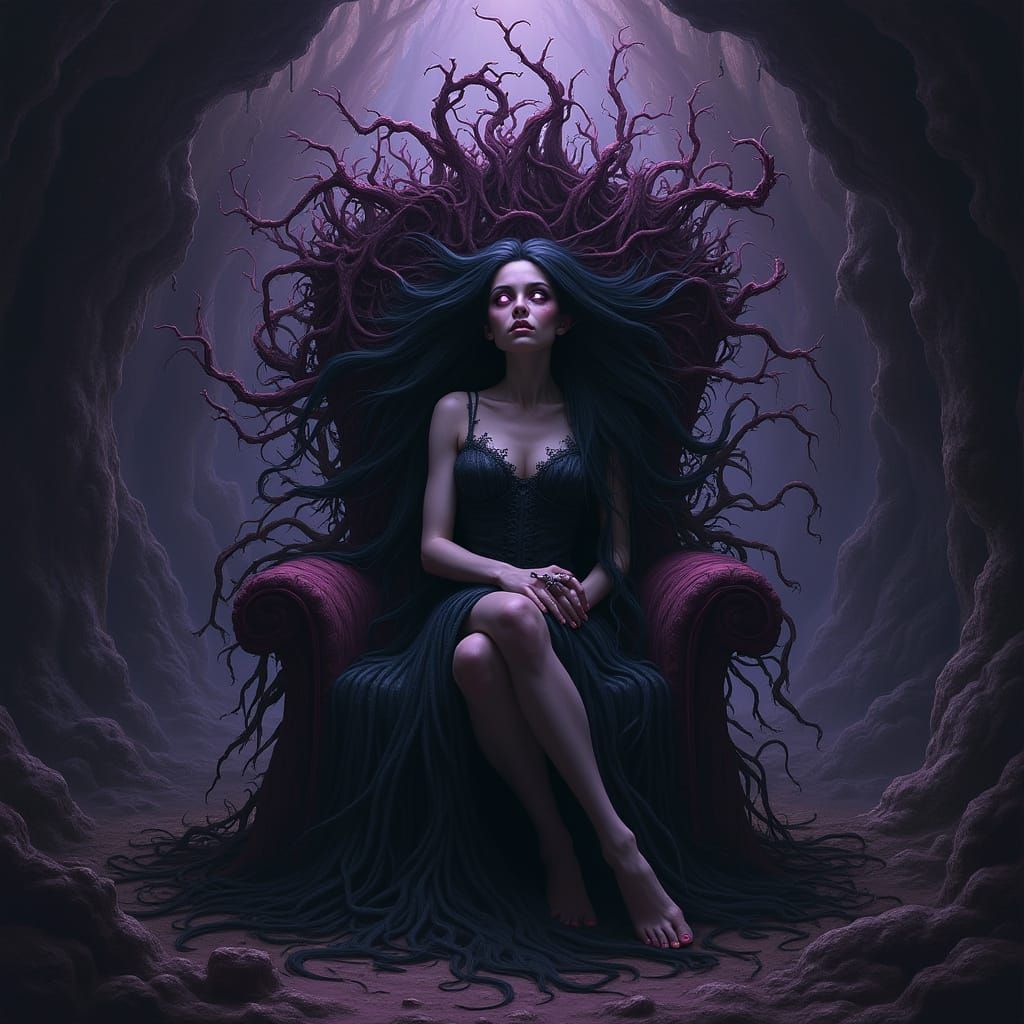 Gothic Queen on Thorny Throne in Surreal Dreamscape