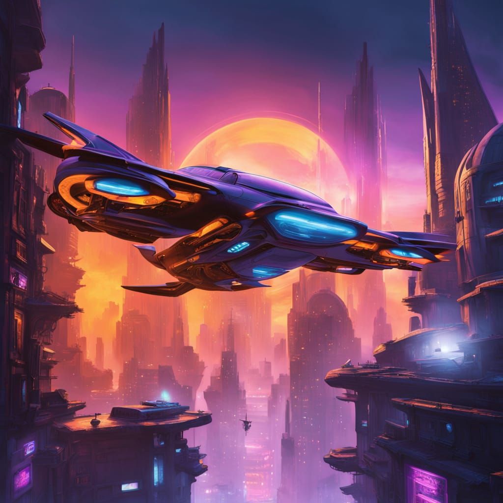 Cyberpunk VTOL Aircraft Soars Above Cityscape at Sunset