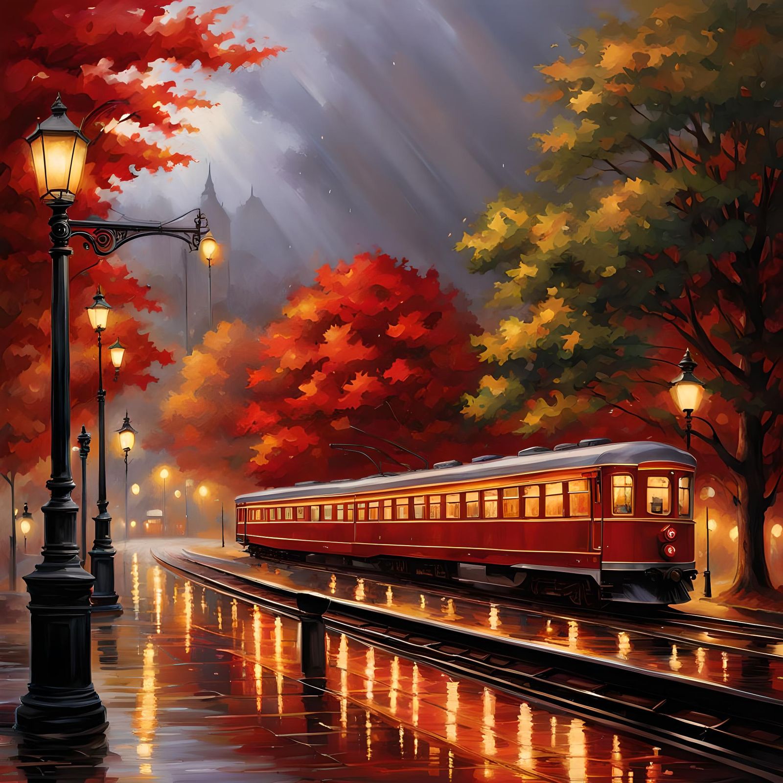 Autumn Train Station in Rain with Reflections