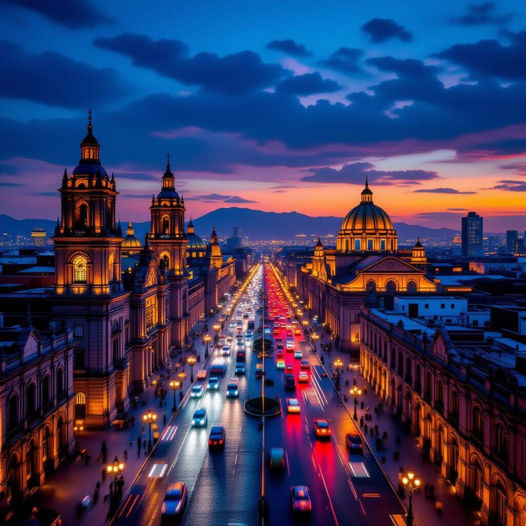 Mexico City at Dusk in Hyperrealistic Style