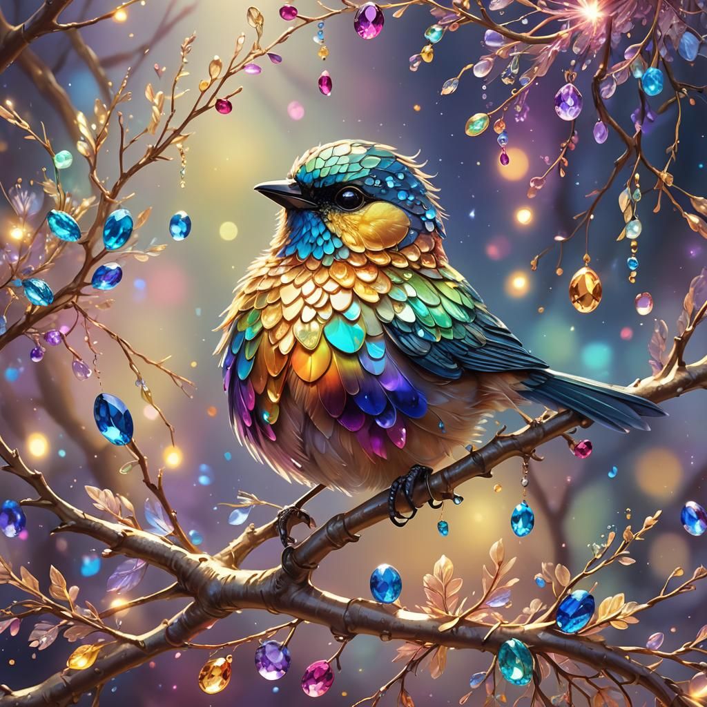Jeweled Bird Perched on Branch in Digital Art