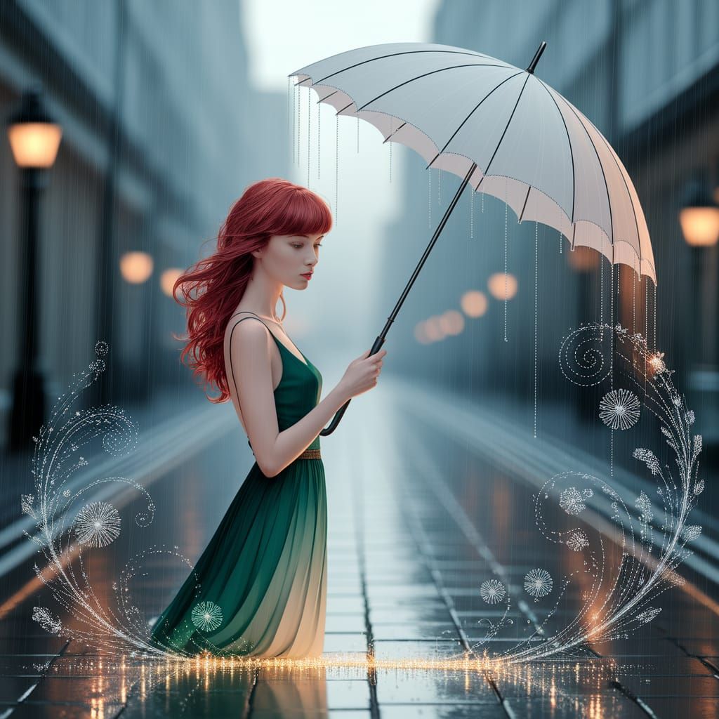 Rainy Morning Street Scene with Minimalist Woman and Red Hai...