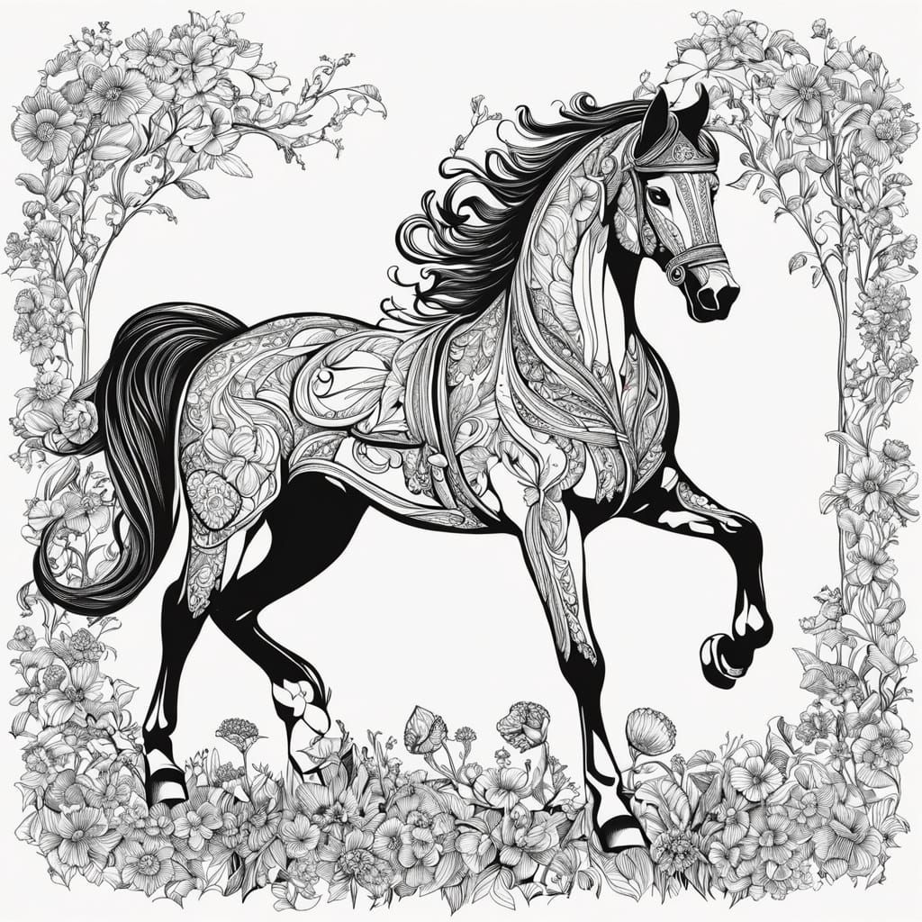 a lineart horse އަސް galloping ދުވެފައި ދުއްވައިގަތުން through a flowery މާތަކެއް ހުރެއެވެ field