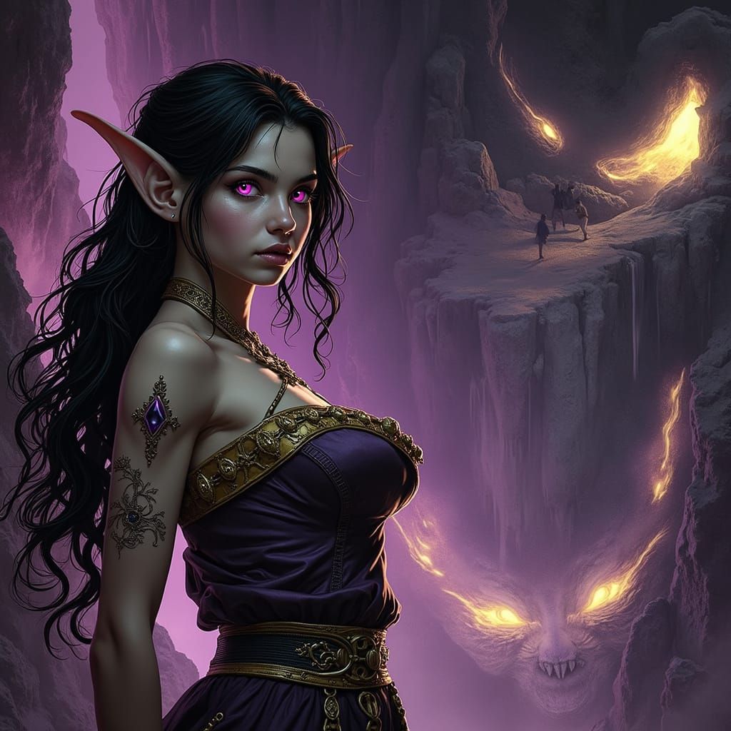 Dark Fantasy Elf Girl on Purple Cliff, Vibrant Colors