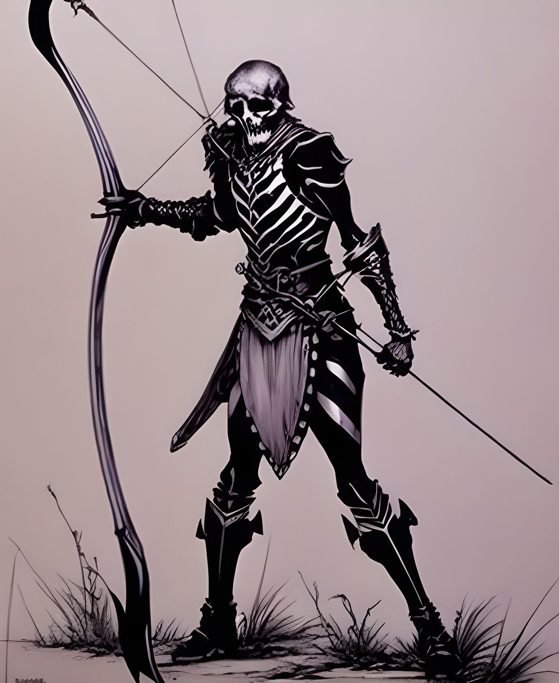 Skeleton Archer Ink Drawing in Vivid Purple