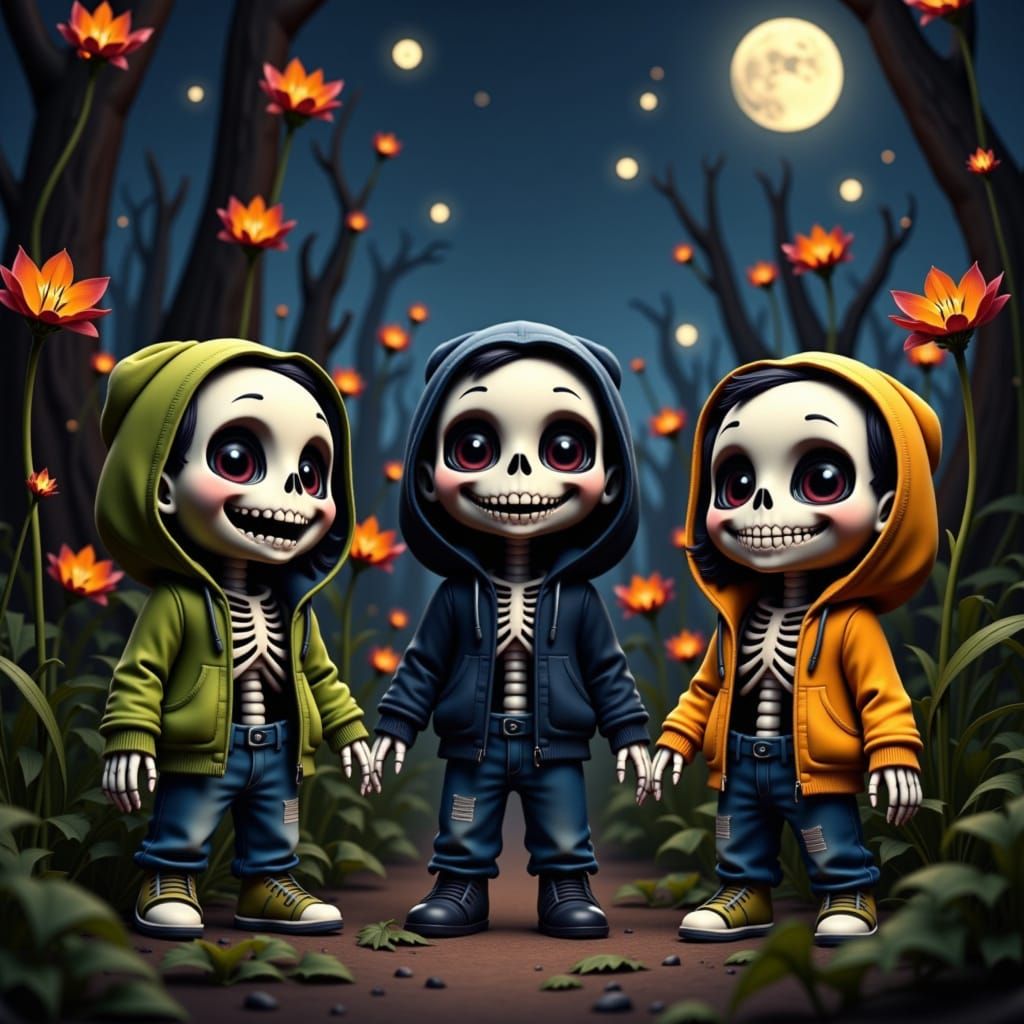 CGI Chibi Skeletons Play in Moonlit Graveyard