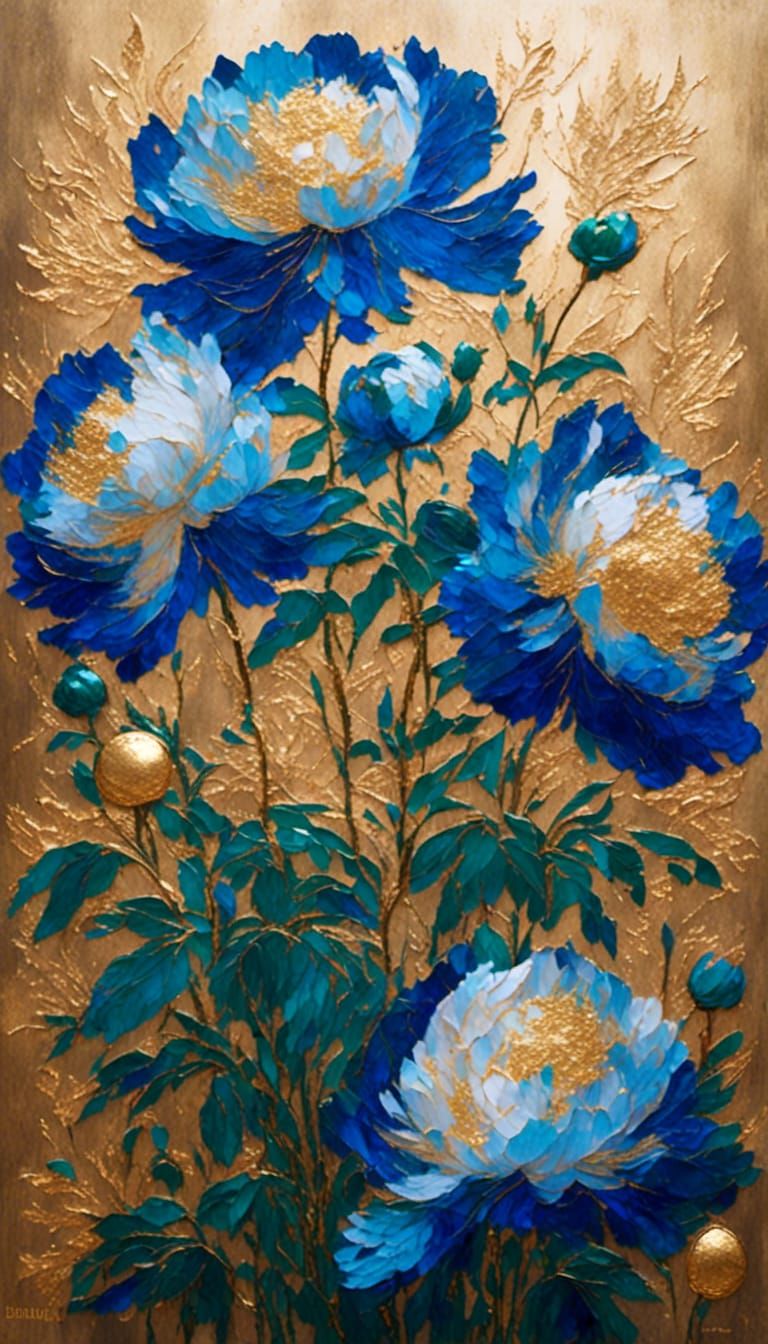 Abstract Impressionist Cobalt Blue Peony Flowers with Gold