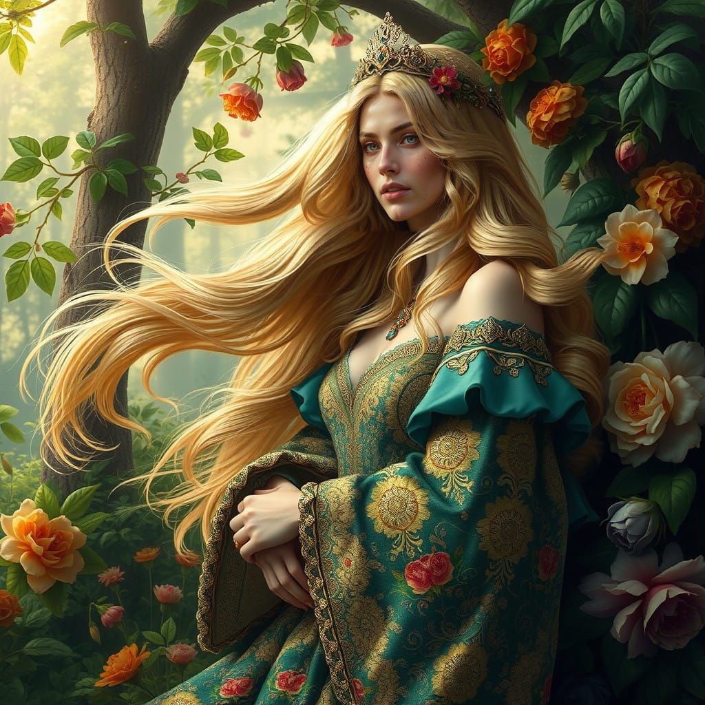 Ethereal Victorian Baroque Lady in Mystical Forest Glade