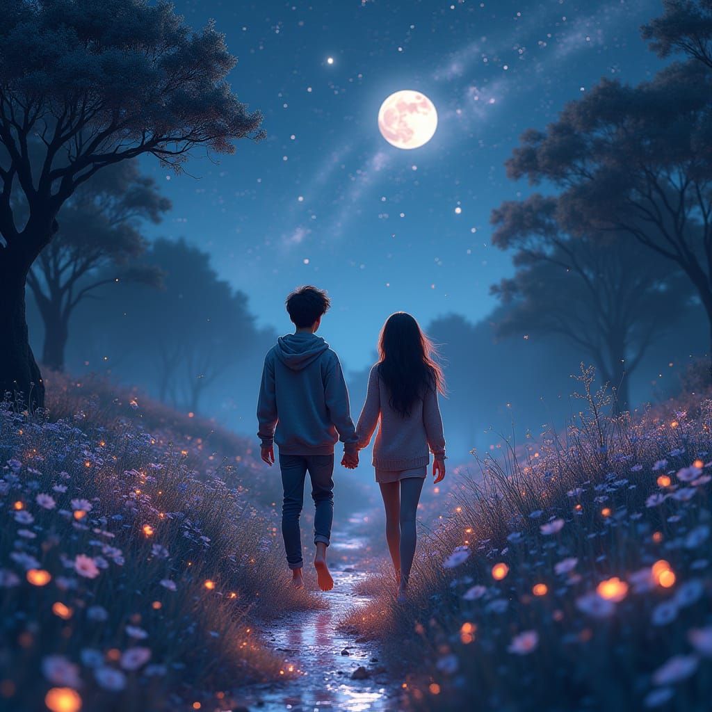 Couple Walks Hand in Hand Under Starry Night Sky