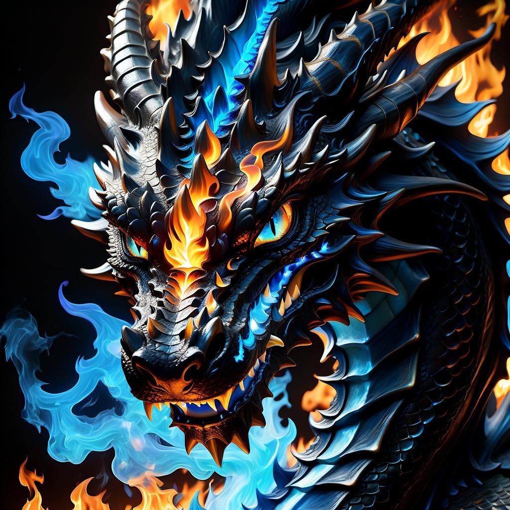 Luminescent Black Dragon Ablaze: Anime Style Portrait