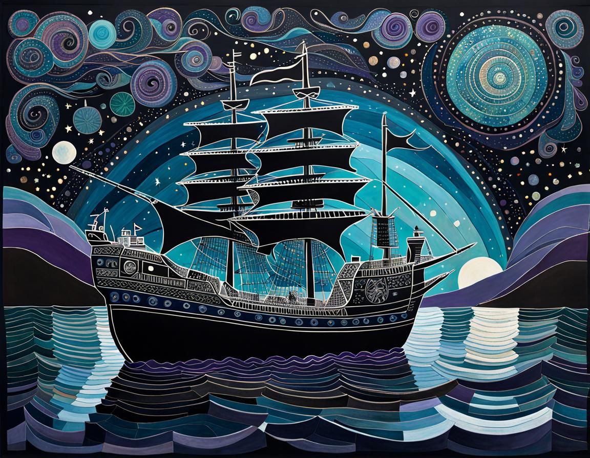 Whimsical Ocean Ship Under Starry Night Sky