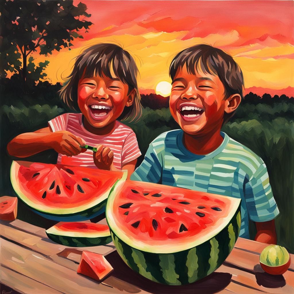 Brother and Sister Sharing Watermelon at Sunset