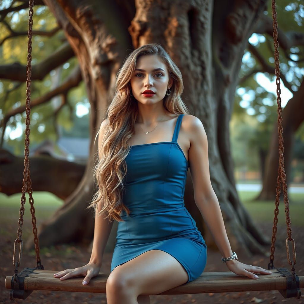 Woman on Swing Under Beech Tree in Hyperrealism Style