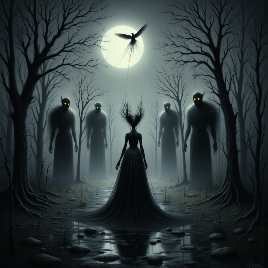 Menacing Shadows in Mystical Cyberpunk Landscape