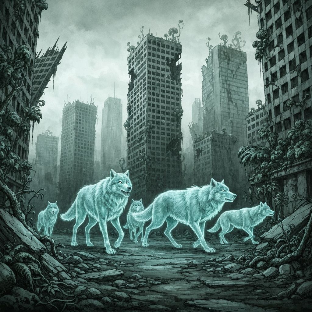 Spectral Wolves in a Post-Apocalyptic City Landscape